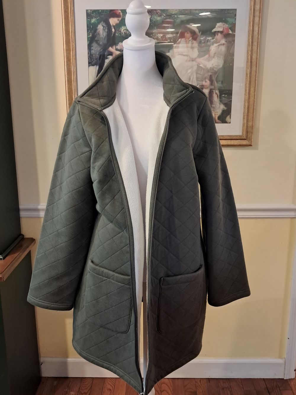 d & co. Quilted Olive Green Women's Coat with Stand Collar Size L